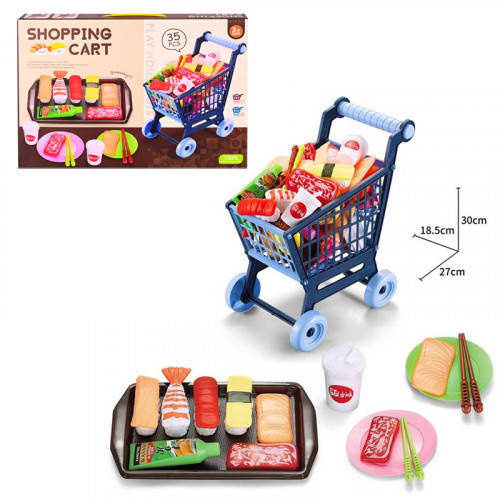 Количка за супермаркет със суши продукти