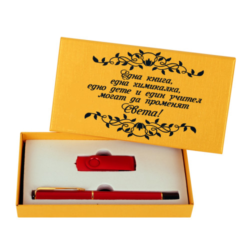 Подаръчен комплект "Една книга, една химикалка..." с луксосен метален химикал и USB флашка /16 GB/. 85913-3-1