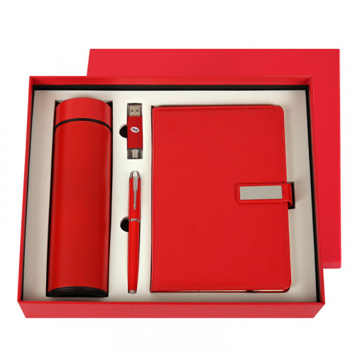 Подаръчен комплект с химикал, бележник, USB + MicroUSB с химикал и термос с LED дисплей в луксозна кутия