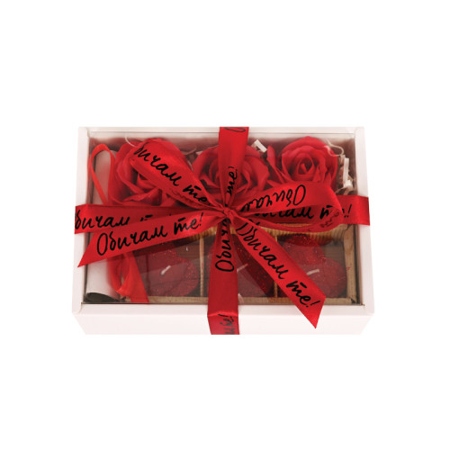 Kомплект "Обичам те!" с послание, сапунени рози и свещи с брокат "Сърце"