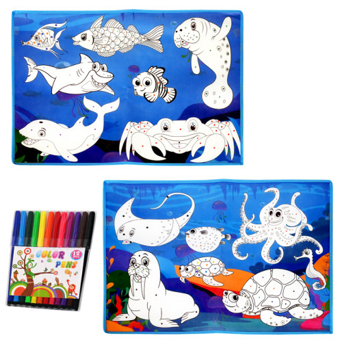 Текстилни постелки "Морски животни" за оцветяване с флумастери /12 цвята/